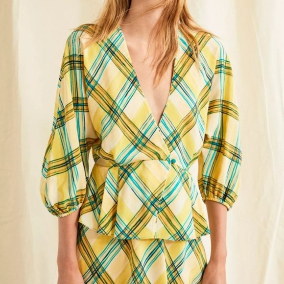 Aritzia Le Fou Wilfred Jazz Peplum Blouse Firefly Teal Silk Size Small - Picture 9 of 9